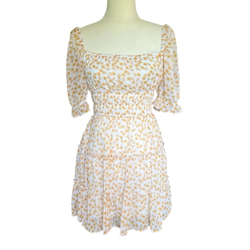 Trixxi White Yellow Ditsy Floral Puff Sleeve Tiered Mini Dress Size Small
